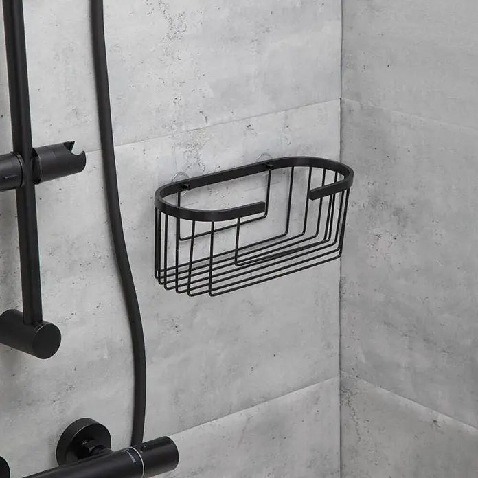 Tatay Aluminium Cesta de baño + QuickFix - 30 x 11,5 x 12 cm, Aluminio, Negro - Cesta de ducha de alambre de metal negro mate.