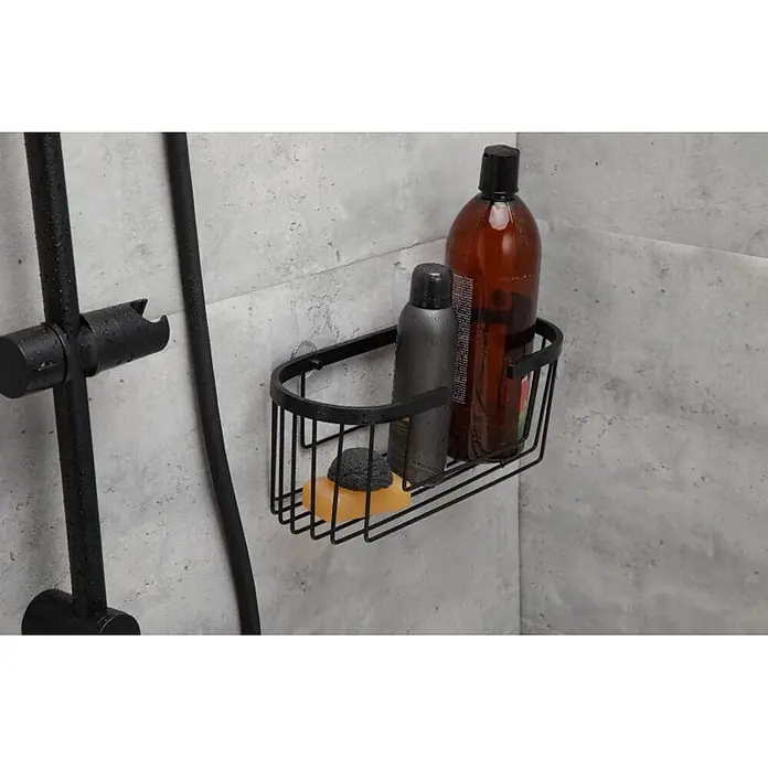 Tatay Aluminium Cesta de baño + QuickFix - 30 x 11,5 x 12 cm, Aluminio, Negro - Cesta de ducha de metal negro montada en una pared de ducha, con champú, spray y jabón.