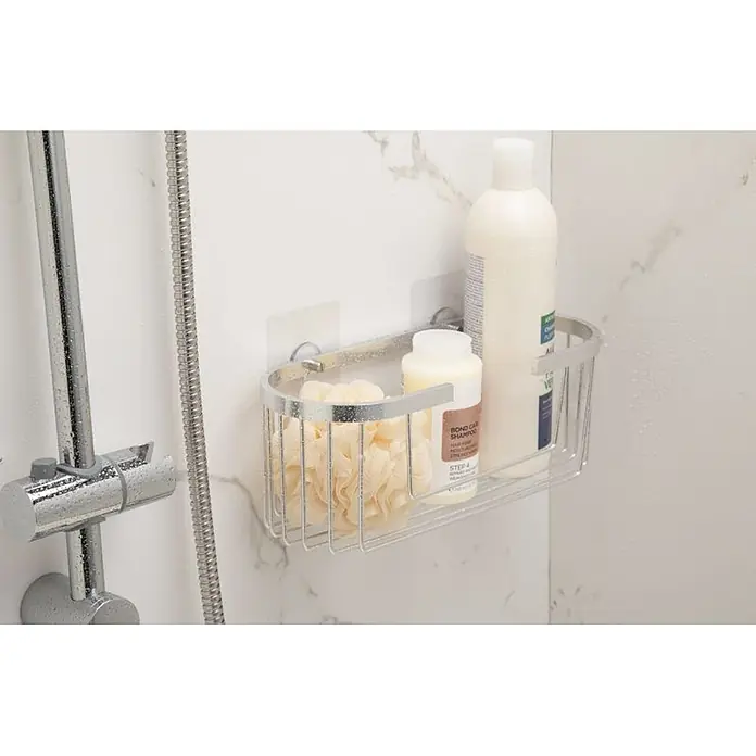 Tatay Aluminium Cesta de baño + QuickFix - 30 x 11,5 x 12 cm, Aluminio, Cromo - Cesta de ducha de alambre plateado montada en una ducha, con champú y una esponja.