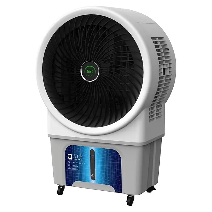 MConfort Climatizador evaporativo Pro Air - 250 W, Altura: 125 cm, Blanco/Negro, 80 litros - Enfriador de aire portátil blanco y gris con rejilla negra, pantalla digital '88%' y panel indicador de agua azul, con ruedas.