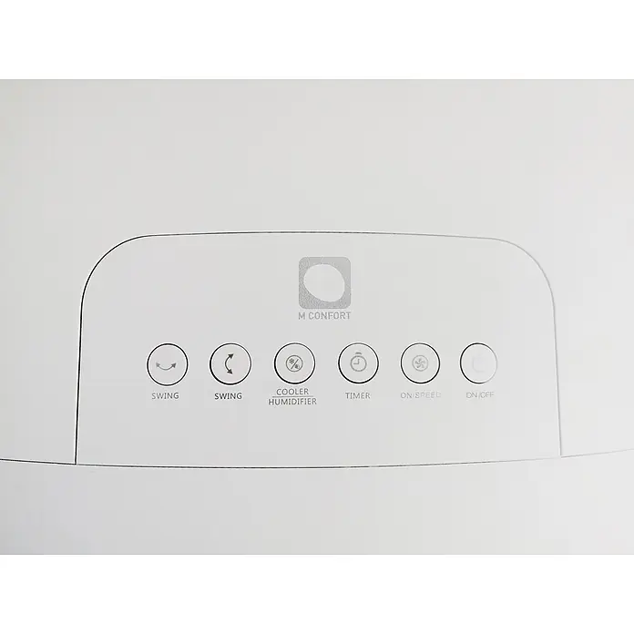 MConfort Climatizador evaporativo Pro Air - 250 W, Altura: 125 cm, Blanco/Negro, 80 litros - Panel de control blanco con botones grises para funciones de enfriador/humidificador: oscilación, enfriamiento, humidificación, temporizador, velocidad, encendido/apagado. Logotipo M CONFORT.