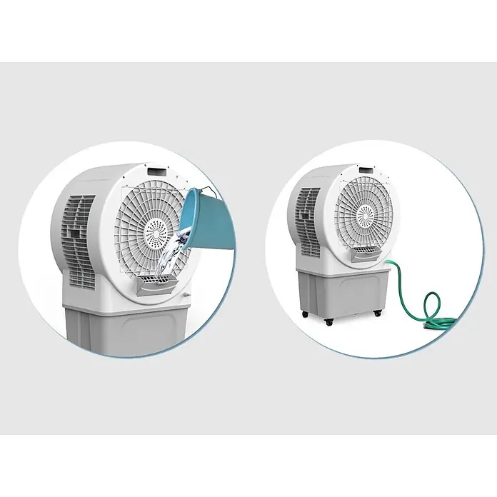 MConfort Climatizador evaporativo Pro Air - 250 W, Altura: 125 cm, Blanco/Negro, 80 litros - Enfriador evaporativo blanco y gris mostrando dos formas de llenado de agua: manualmente con un cubo y automáticamente con una manguera verde.