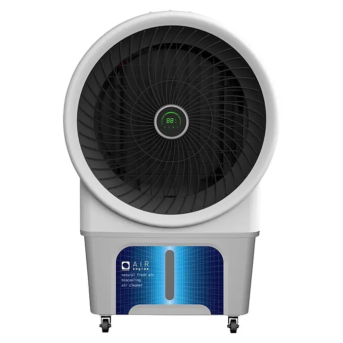 MConfort Climatizador evaporativo Pro Air - 250 W, Altura: 125 cm, Blanco/Negro, 80 litros - Enfriador de aire portátil blanco y gris con ventilador grande, pantalla digital '88%' y panel azul 'AIR engine' sobre ruedas.