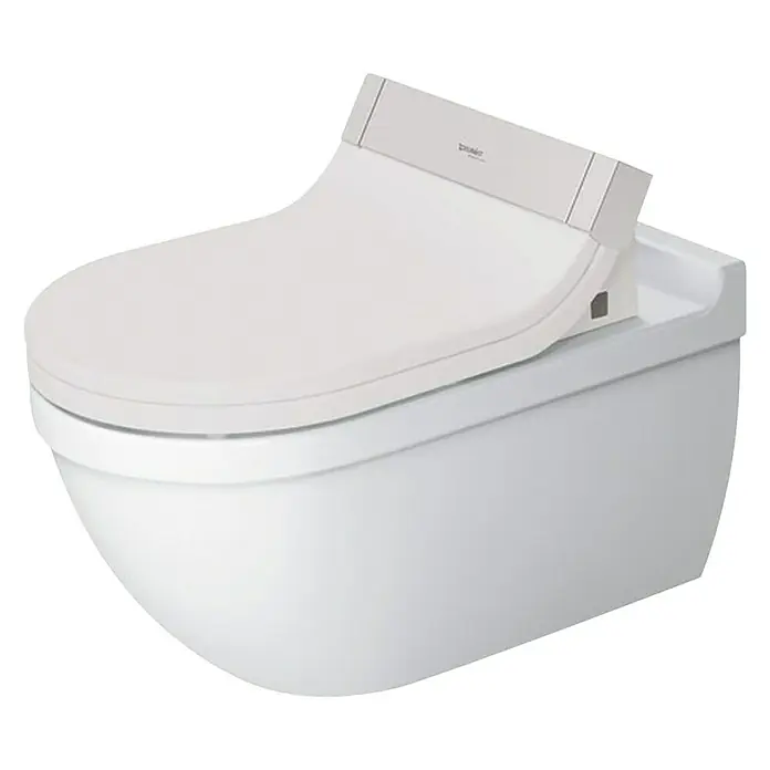 Duravit Starck 3 Wand-WC Typ 2 - Mit Spülrand, Ohne Spezialglasur, Spülform: Tief, WC Abgang: Waagerecht, Weiß - Nahaufnahme einer weißen Duravit Wandtoilette mit Bidetfunktion und halb geöffnetem Deckel. Elegantes Design für moderne Badezimmer.