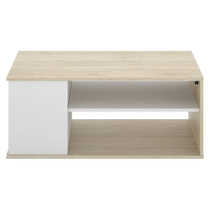 Dekit Bari Mesa elevable - L x An x Al: 50 x 100 x 53,7 cm, Natural/Blanco - Mesa de centro de madera clara y blanca con estantes abiertos y compartimento lateral cerrado.