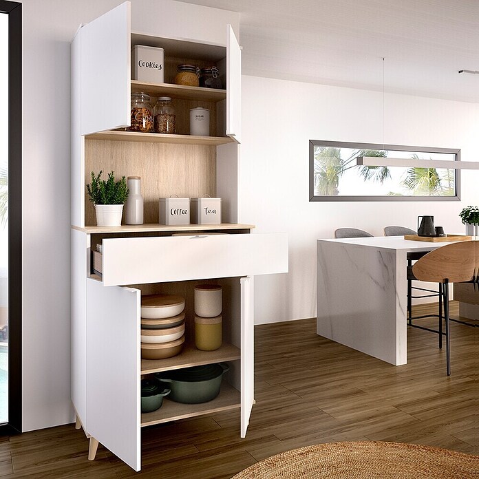 Dekit Aparador buffet Wok (L x An x Al: 40 x 60 x 191 cm, Blanco/Natural, Número de puertas: 4 ud.) | BAUHAUS