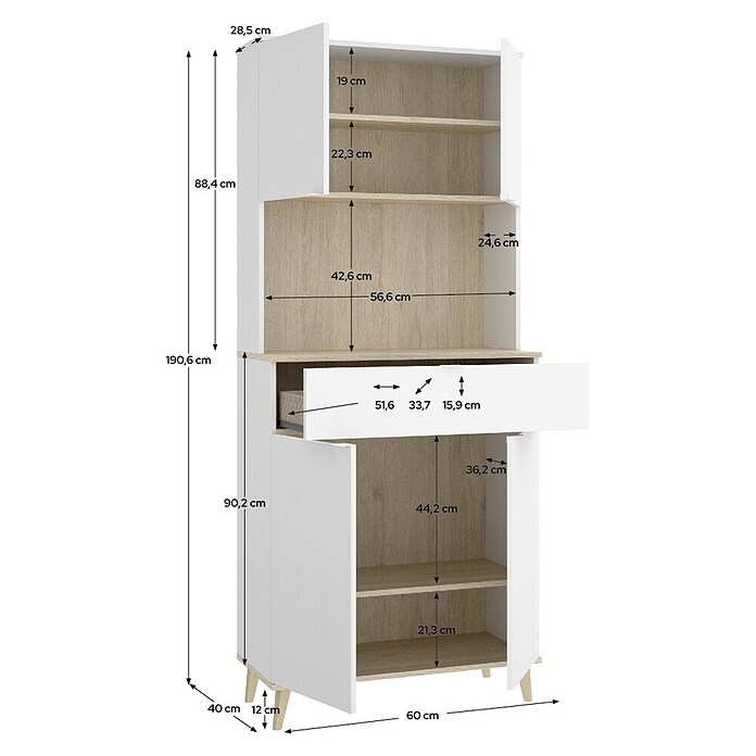 Dekit Aparador buffet Wok (L x An x Al: 40 x 60 x 191 cm, Blanco/Natural, Número de puertas: 4 ud.) | BAUHAUS