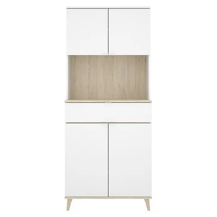 Dekit Aparador buffet Wok - L x An x Al: 40 x 60 x 191 cm, Blanco/Natural, Número de puertas: 4 ud. - Aparador alto blanco con dos puertas superiores, estante abierto efecto madera, cajón blanco, dos puertas inferiores y patas de madera clara.