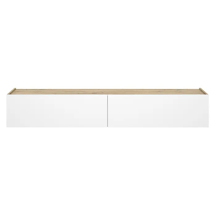 Dekit Sky Mueble para TV - L x An x Al: 35 x 180 x 29 cm, Blanco/Roble Nordic, Tipo de montaje: Colgar - Gabinete de pared blanco con tapa de madera clara y dos puertas.