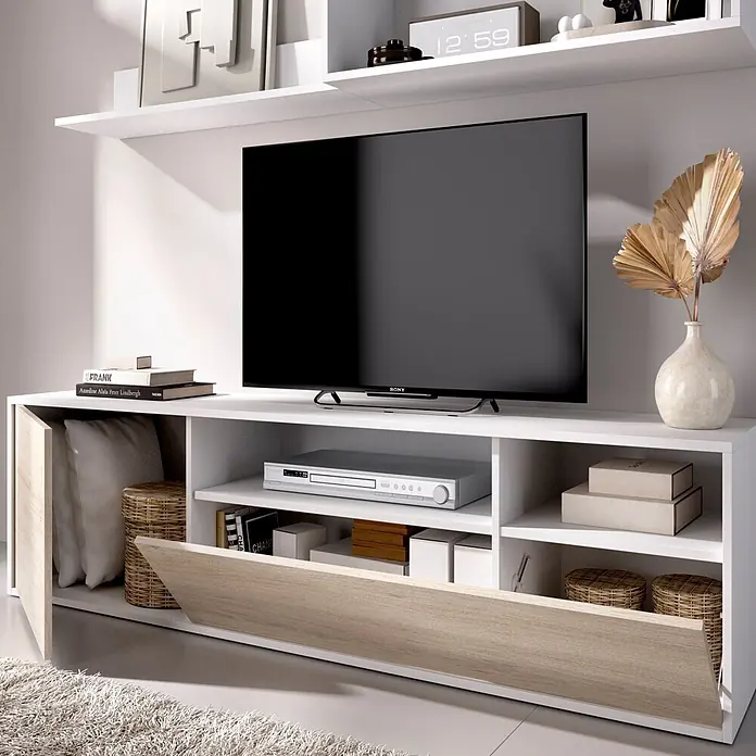 Dekit Conjunto mueble de salón Bay - Blanco/Natural, Montaje reversible, 2 pzs. - Moderno mueble de TV blanco con detalles de madera clara, estantes abiertos y compartimentos de almacenamiento con puertas pivotantes, para TV y medios.
