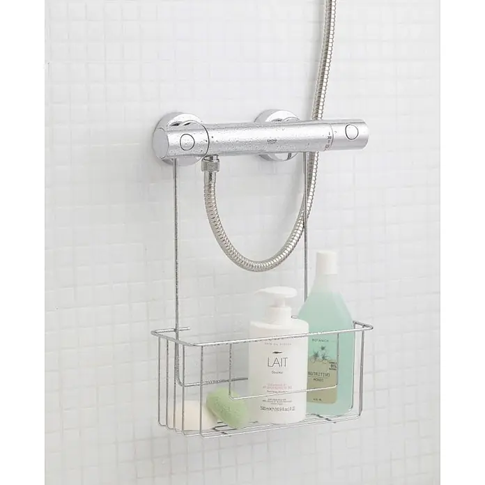 Tatay Cesta de baño Air - 28 x 12,5 x 39 cm, Acero, Acero - Cesta de ducha de alambre cromado colgando de un mezclador de ducha, con artículos de aseo.