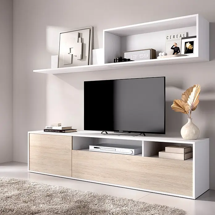 Dekit Conjunto mueble de salón Bay - Blanco/Natural, Montaje reversible, 2 pzs. - Mueble TV moderno blanco y madera clara con estantes de pared, televisor y decoración.