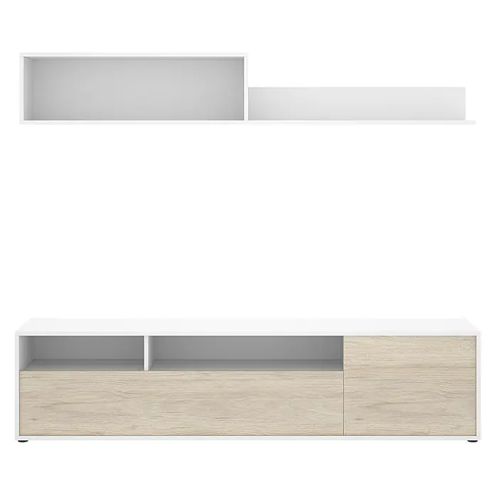 Dekit Conjunto mueble de salón Bay - Blanco/Natural, Montaje reversible, 2 pzs. - Mueble de TV blanco y efecto madera clara con estantes abiertos y cajones, y dos estantes de pared flotantes a juego.