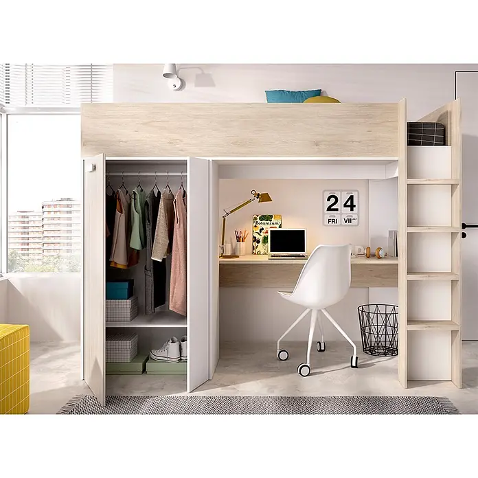 Dekit Litera Spylo - L x An x Al: 112 x 205 x 177 cm, Natural/Blanco/Alistonado - Cama alta ahorradora de espacio en madera clara y blanco, con armario y escritorio integrados para un dormitorio funcional.