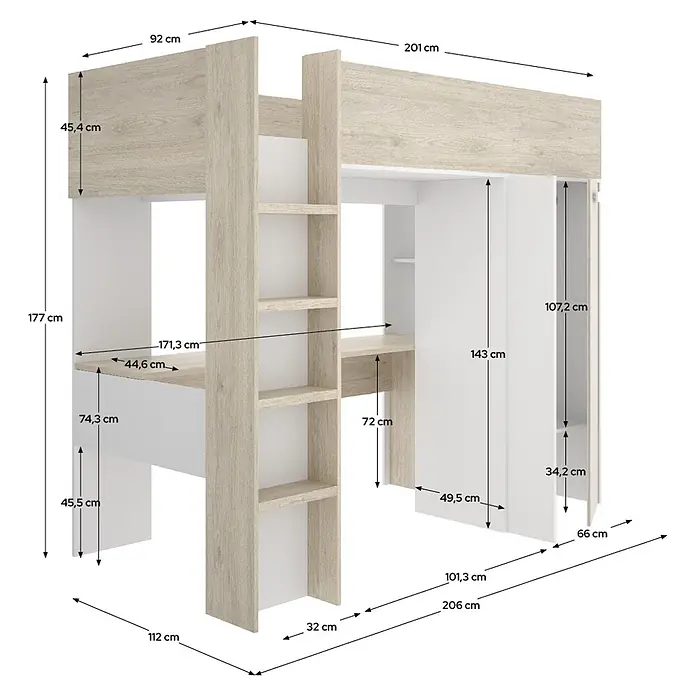 Dekit Litera Spylo - L x An x Al: 112 x 205 x 177 cm, Natural/Blanco/Alistonado - Cama alta de madera clara y blanca con escritorio, estanterías y armario integrados, con dimensiones.