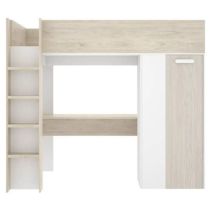Dekit Litera Spylo - L x An x Al: 112 x 205 x 177 cm, Natural/Blanco/Alistonado - Cama alta de madera clara y blanca con escritorio y estanterías integrados.