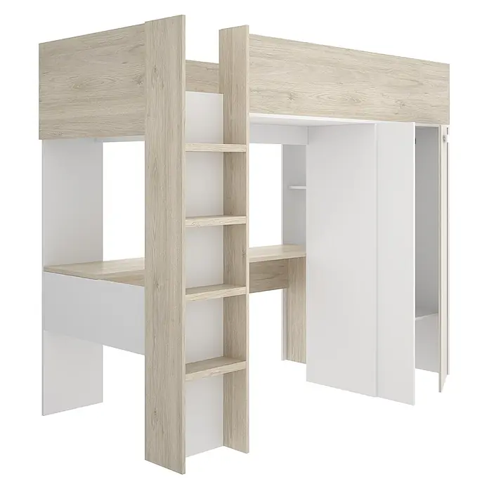 Dekit Litera Spylo - L x An x Al: 112 x 205 x 177 cm, Natural/Blanco/Alistonado - Cama alta de madera clara y blanca con escritorio, estantes y armario integrados.