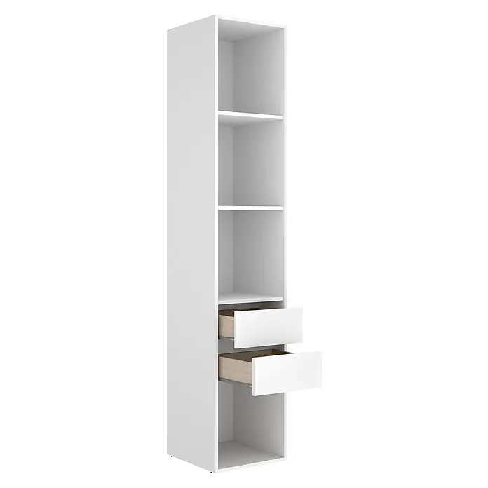 Dekit Armario para ropa Suit - L x An x Al: 45 x 45 x 204,5 cm, Blanco/Natural, Trasera reversible - Estantería alta blanca con múltiples baldas abiertas y dos cajones extraíbles con interior de madera clara.