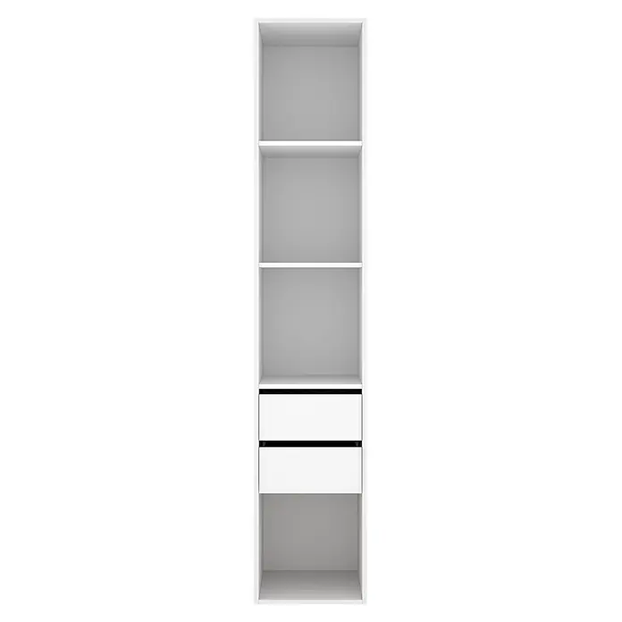 Dekit Armario para ropa Suit - L x An x Al: 45 x 45 x 204,5 cm, Blanco/Natural, Trasera reversible - Mueble modular blanco con cuatro estantes abiertos y dos cajones con tiradores negros.