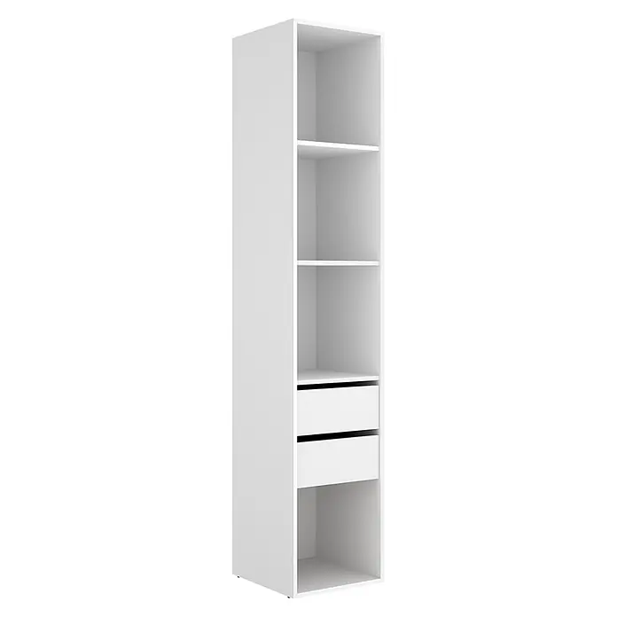 Dekit Armario para ropa Suit - L x An x Al: 45 x 45 x 204,5 cm, Blanco/Natural, Trasera reversible - Armario blanco alto de almacenamiento con estantes abiertos y dos cajones inferiores.