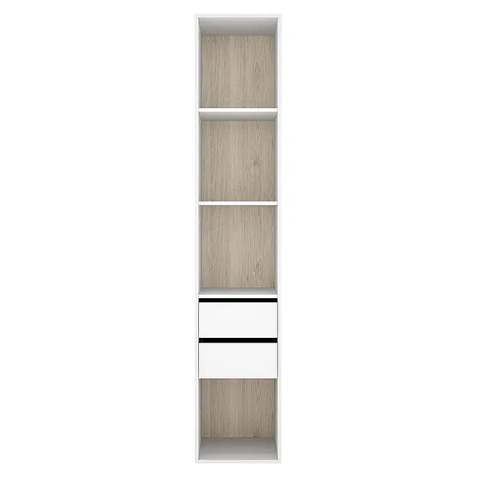 Dekit Armario para ropa Suit - L x An x Al: 45 x 45 x 204,5 cm, Blanco/Natural, Trasera reversible - Estantería blanca alta con paneles traseros de aspecto de madera clara, con varios estantes abiertos y dos cajones con tiradores oscuros.