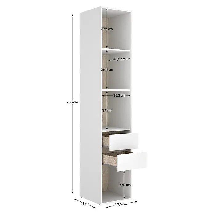 Dekit Armario para ropa Suit - L x An x Al: 45 x 45 x 204,5 cm, Blanco/Natural, Trasera reversible - Armario alto y estrecho blanco con estantes abiertos y dos cajones con frentes de mimbre, medidas indicadas.
