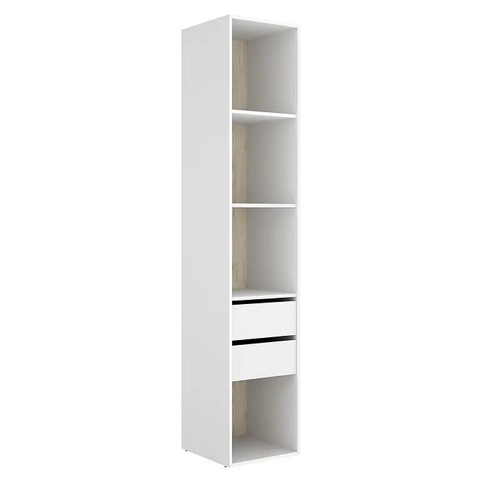 Dekit Armario para ropa Suit - L x An x Al: 45 x 45 x 204,5 cm, Blanco/Natural, Trasera reversible - Estantería alta blanca con dos cajones y estantes abiertos, con detalles de madera clara.