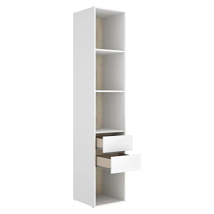 Dekit Armario para ropa Suit - L x An x Al: 45 x 45 x 204,5 cm, Blanco/Natural, Trasera reversible - Estantería alta blanca con cajones y estantes abiertos, con paneles traseros de madera clara.