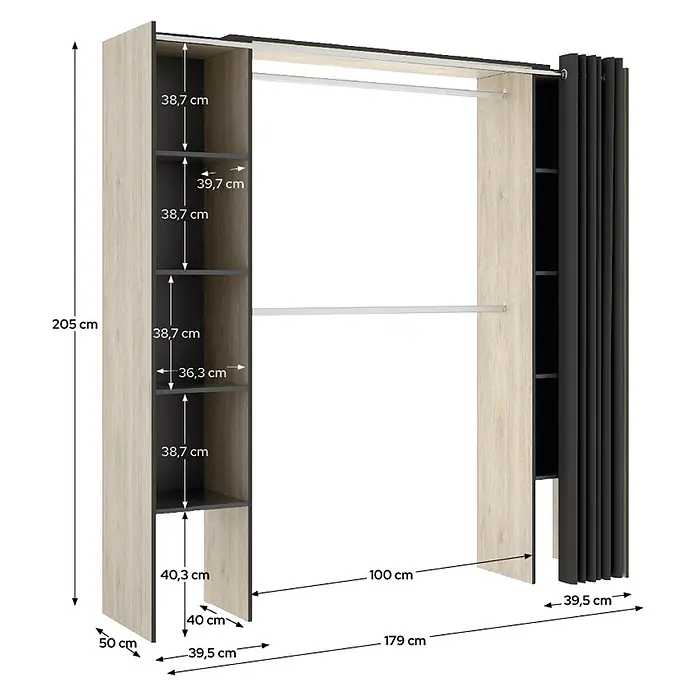 Dekit Armario para ropa Suit - L x An x Al: 50 x 178 x 205 cm, Natural/Grafito, Melamina - Sistema de armario abierto de madera clara con estantes oscuros, barras para colgar y cortina negra, con medidas.