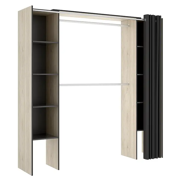 Dekit Armario para ropa Suit - L x An x Al: 50 x 178 x 205 cm, Natural/Grafito, Melamina - Sistema de armario abierto con paneles de madera clara, estantes oscuros, dos barras de colgar y una cortina negra.
