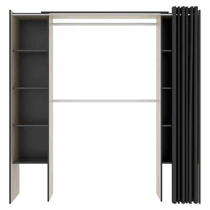 Dekit Armario para ropa Suit - L x An x Al: 50 x 178 x 205 cm, Natural/Grafito, Melamina - Sistema de armario abierto con estructura de madera clara, estantes oscuros, barras para colgar metálicas y cortina negra a la derecha.
