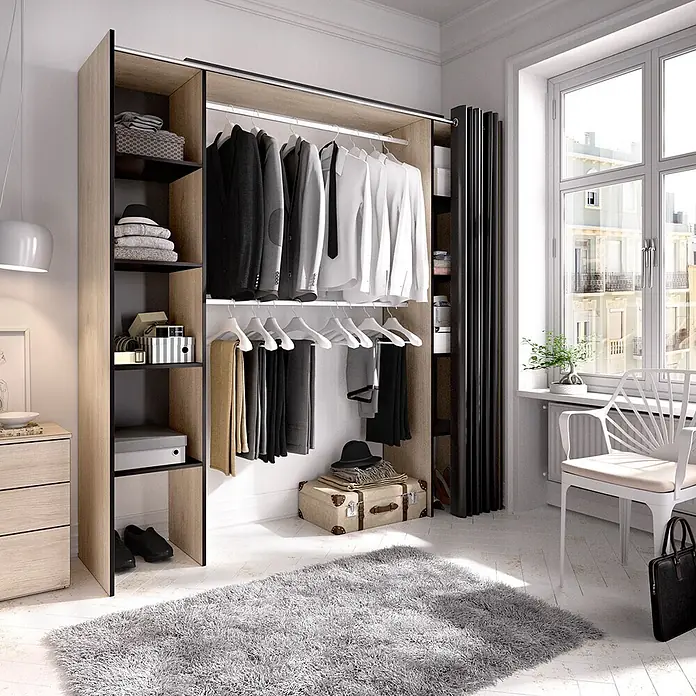 Dekit Armario para ropa Suit - L x An x Al: 50 x 178 x 205 cm, Natural/Grafito, Melamina - Moderno sistema de armario abierto en madera clara y gris oscuro, con estantes y barras para ropa y accesorios.
