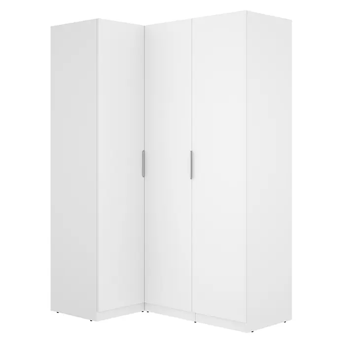 Dekit Armario para ropa Emax - L x An x Al: 95 x 142,2 x 203,5 cm, Blanco, Rinconero - Armario esquinero blanco con dos puertas y tiradores plateados.