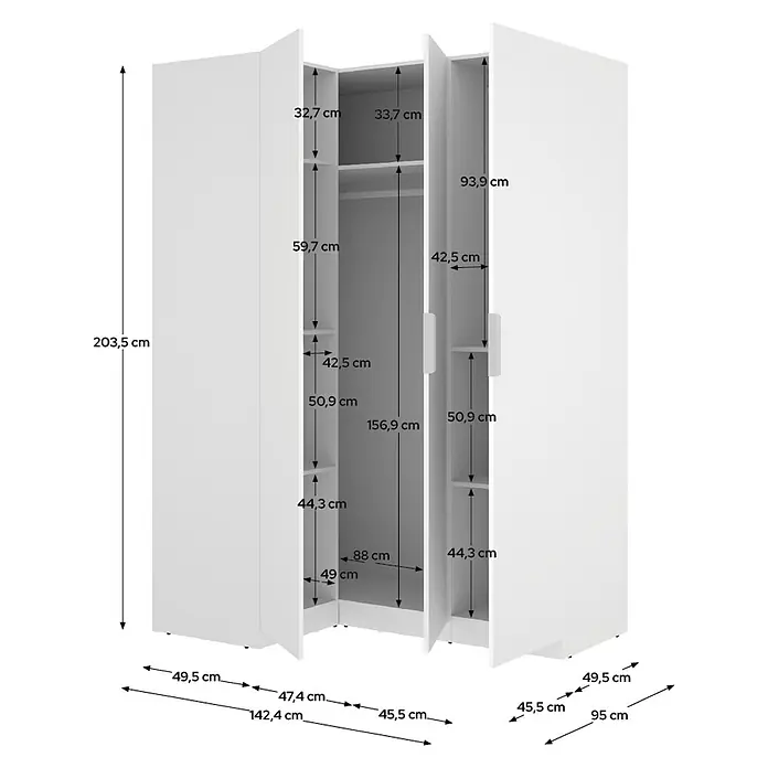 Dekit Armario para ropa Emax - L x An x Al: 95 x 142,2 x 203,5 cm, Blanco, Rinconero - Armario esquinero blanco con puertas abiertas, mostrando estantes, barra de colgar y dimensiones detalladas.