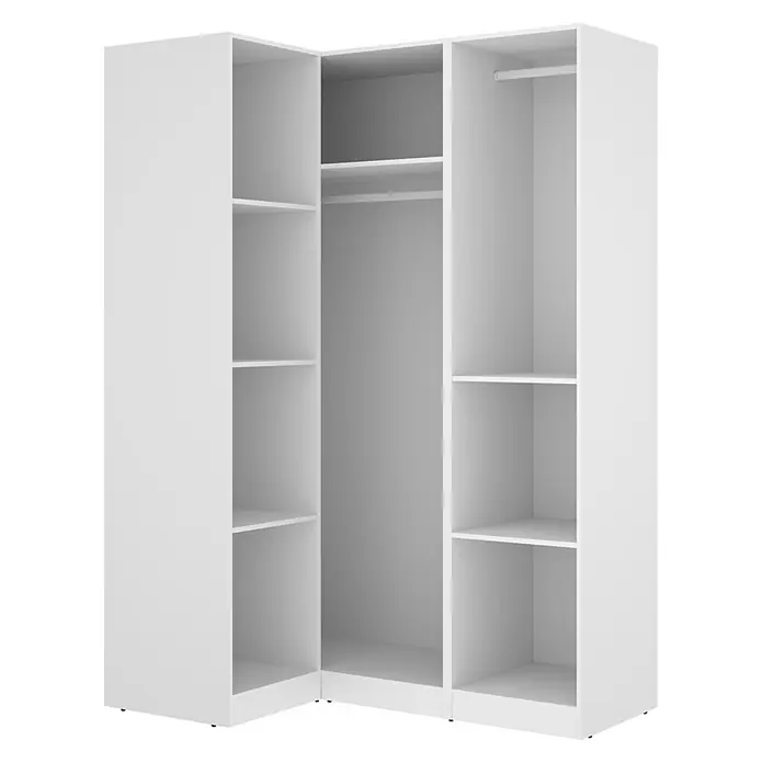 Dekit Armario para ropa Emax - L x An x Al: 95 x 142,2 x 203,5 cm, Blanco, Rinconero - Armario esquinero blanco con estantes abiertos y barra para colgar ropa.
