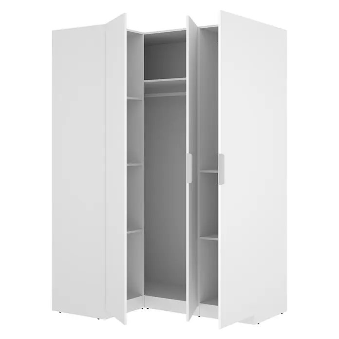 Dekit Armario para ropa Emax - L x An x Al: 95 x 142,2 x 203,5 cm, Blanco, Rinconero - Armario esquinero blanco con tres puertas abiertas que revelan múltiples estantes y una barra para colgar ropa.