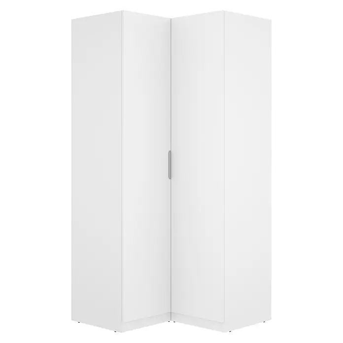 Dekit Armario para ropa Emax - L x An x Al: 95 x 96,9 x 203,5 cm, Blanco, Rinconero - Armario esquinero blanco con dos secciones y un solo tirador vertical.