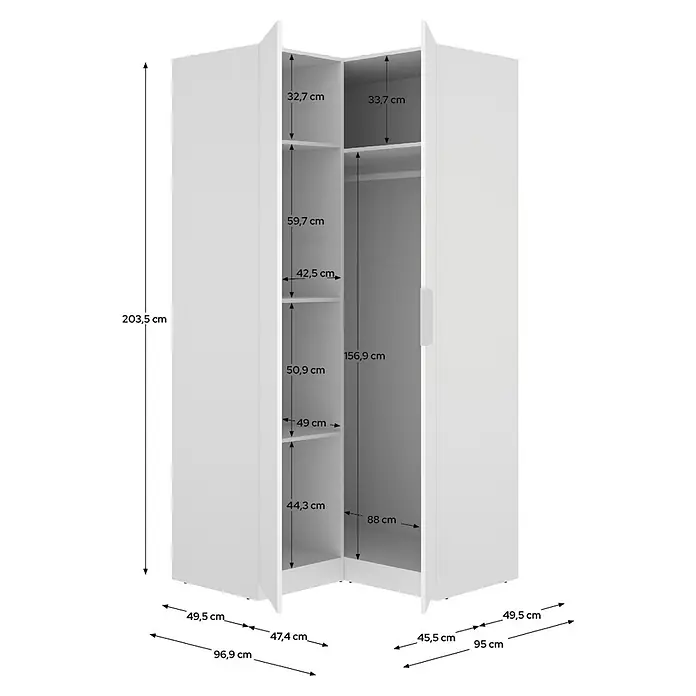 Dekit Armario para ropa Emax - L x An x Al: 95 x 96,9 x 203,5 cm, Blanco, Rinconero - Armario esquinero blanco con puertas abiertas, mostrando estantes y barra para colgar, con dimensiones detalladas.