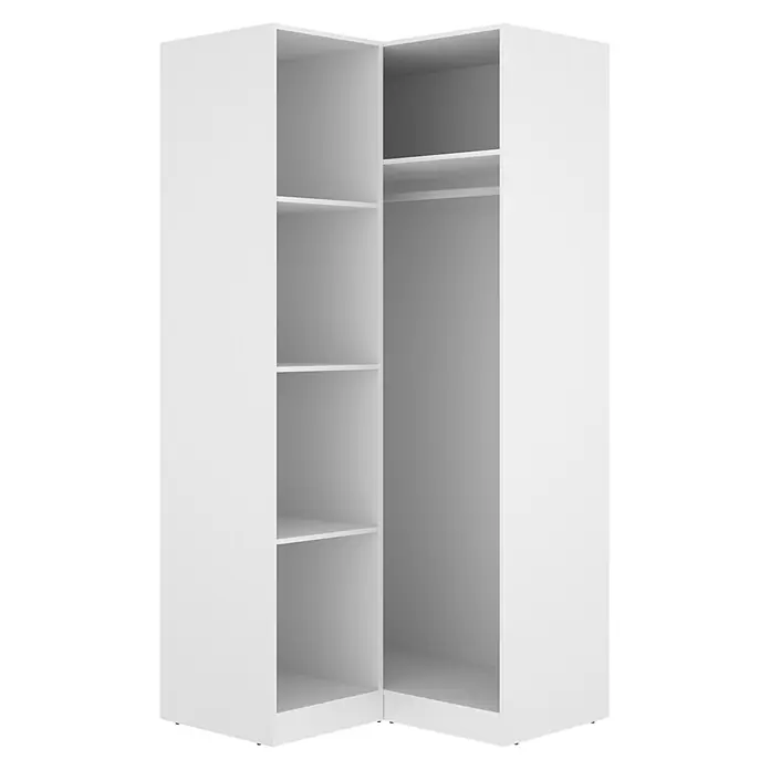 Dekit Armario para ropa Emax - L x An x Al: 95 x 96,9 x 203,5 cm, Blanco, Rinconero - Armario esquinero blanco con varios estantes a un lado y una barra para ropa al otro.