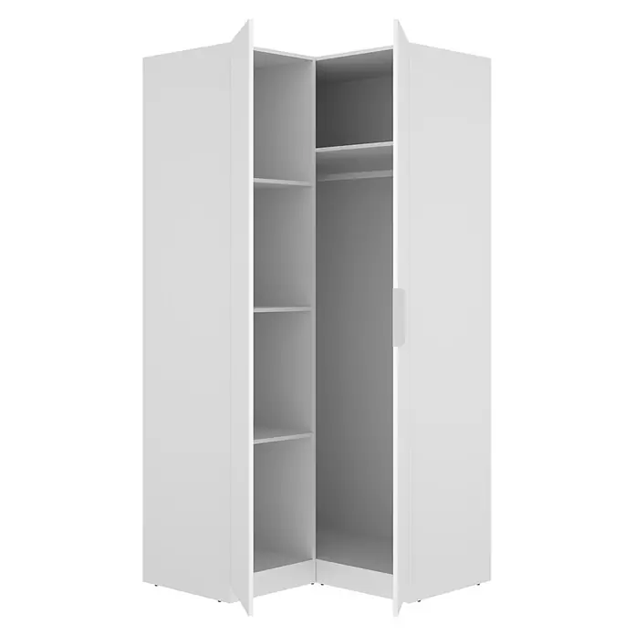 Dekit Armario para ropa Emax - L x An x Al: 95 x 96,9 x 203,5 cm, Blanco, Rinconero - Armario esquinero blanco con dos secciones abiertas: una con múltiples estantes y otra con una barra para colgar.