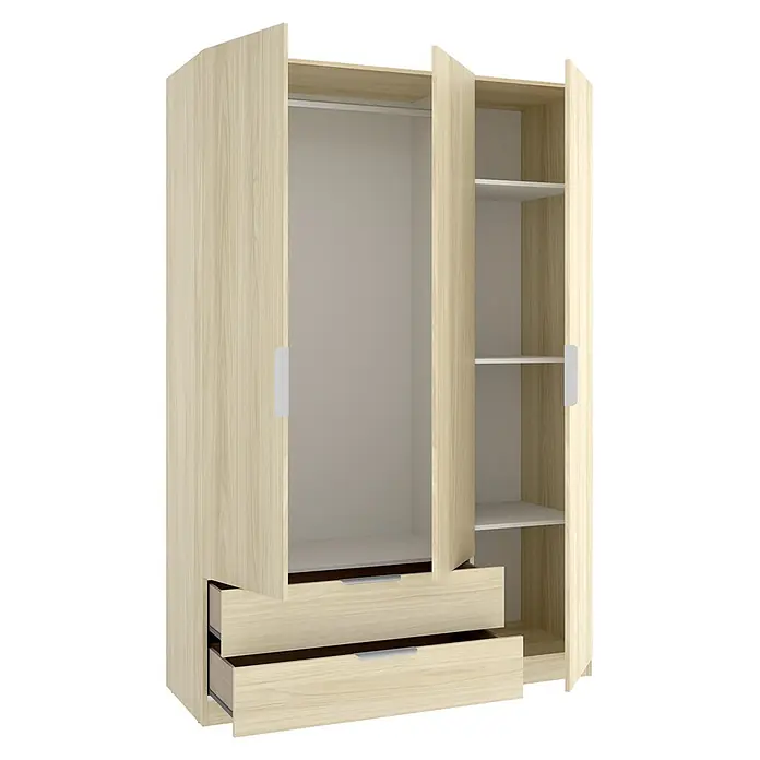 Dekit Armario para ropa Emax - L x An x Al: 51,4 x 136,6 x 203,5 cm, Roble claro, Número de cajones: 2 ud. - Armario de tres puertas de madera clara con puertas abiertas que revelan barra para colgar y estantes, y dos cajones abiertos.