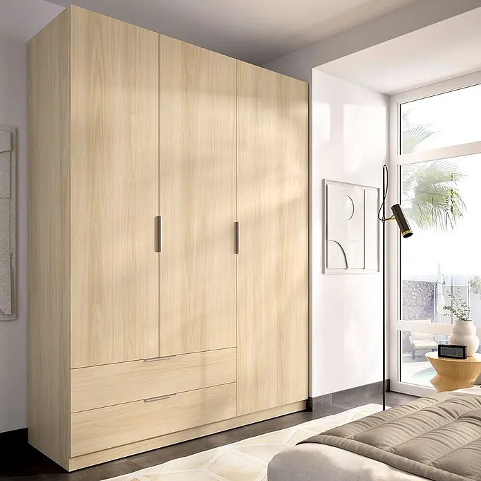 Dekit Armario para ropa Emax - L x An x Al: 51,4 x 136,6 x 203,5 cm, Roble claro, Número de cajones: 2 ud. - Armario moderno efecto madera clara con puertas y cajones para almacenamiento en dormitorio.