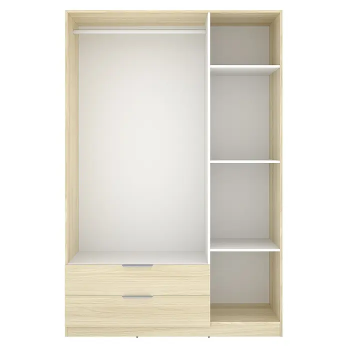Dekit Armario para ropa Emax - L x An x Al: 51,4 x 136,6 x 203,5 cm, Roble claro, Número de cajones: 2 ud. - Armario con estructura de madera clara, interior blanco, barra de colgar, estantes y dos cajones.
