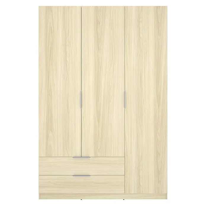 Dekit Armario para ropa Emax - L x An x Al: 51,4 x 136,6 x 203,5 cm, Roble claro, Número de cajones: 2 ud. - Armario de efecto madera clara con tres puertas y dos cajones inferiores, con tiradores plateados.