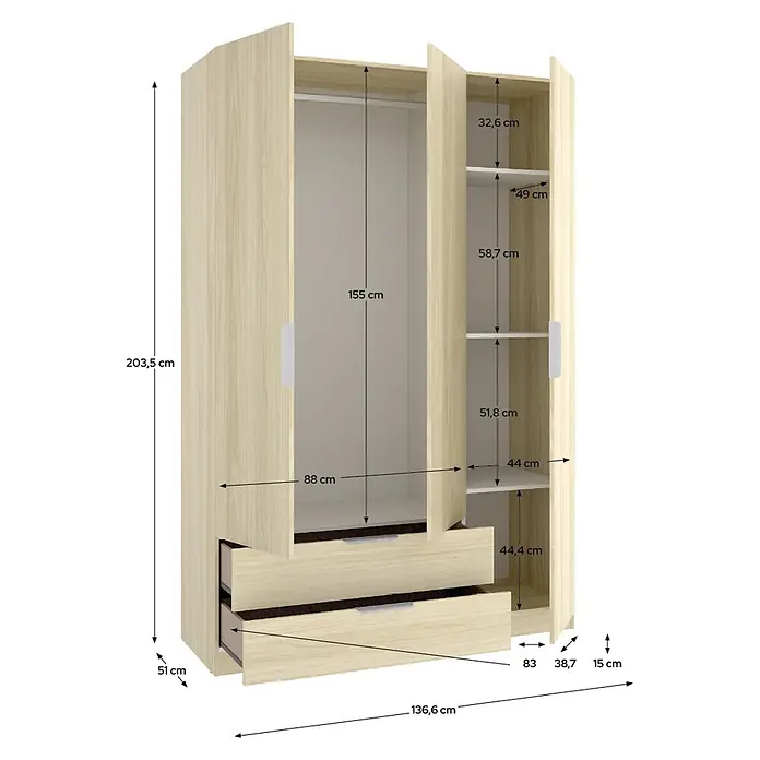 Dekit Armario para ropa Emax - L x An x Al: 51,4 x 136,6 x 203,5 cm, Roble claro, Número de cajones: 2 ud. - Armario de madera clara con dos puertas, barra, estantes y dos cajones, detallado con medidas.
