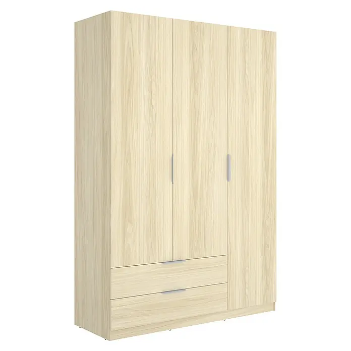 Dekit Armario para ropa Emax - L x An x Al: 51,4 x 136,6 x 203,5 cm, Roble claro, Número de cajones: 2 ud. - Armario de madera clara con cuatro puertas y dos cajones.