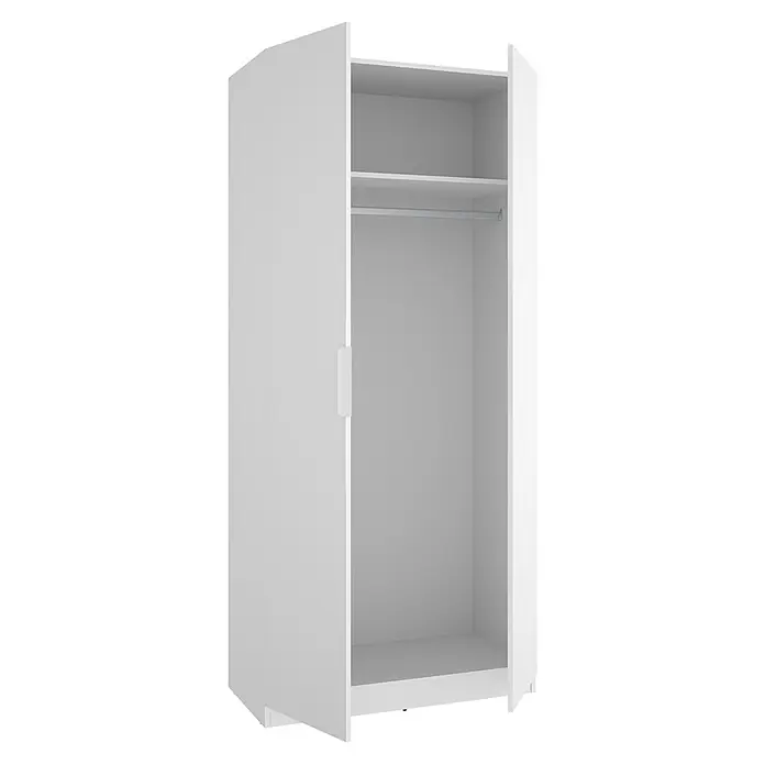 Dekit Armario para ropa Emax - L x An x Al: 51,4 x 91 x 203,5 cm, Blanco - Armario blanco con una puerta abierta, con un estante superior y una barra para colgar ropa en el interior.