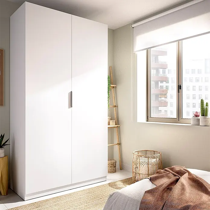 Dekit Armario para ropa Emax - L x An x Al: 51,4 x 91 x 203,5 cm, Blanco - Armario blanco de dos puertas con tirador elegante, integrado en un dormitorio moderno.