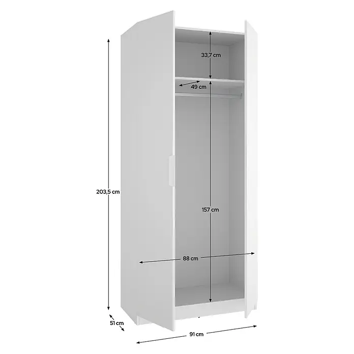Dekit Armario para ropa Emax - L x An x Al: 51,4 x 91 x 203,5 cm, Blanco - Armario blanco abierto con estante interior, barra y diversas dimensiones.