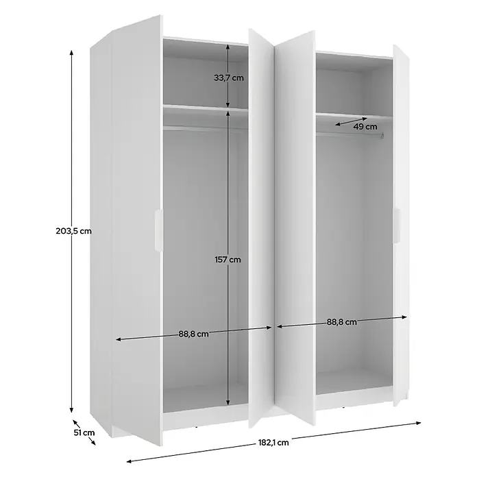 Dekit Armario para ropa Emax - L x An x Al: 51,4 x 182,1 x 203,5 cm, Blanco, Número de puertas: 4 ud. - Armario blanco de tres puertas con estantes y barras, mostrando dimensiones detalladas.